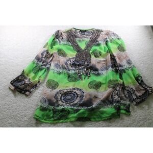 ISABEL Shirt Womens‎ Medium Green Sheer Boho Beaded V Neck Long Sleeve Tunic